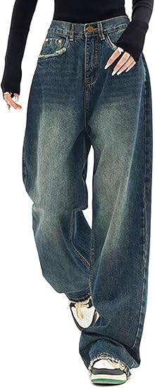 High Waist Baggy Jeans for Women Y2K Wide Leg Jeans Loose Vintage Boyfriend Denim Pants Blue