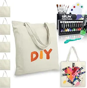 TT·SSTIE 6 Pack Canvas Tote Bag Bulk with Fabric Paints 15.4"x15.7" Plain Tote Bags to Decorate Resuable Blank Canvas Bags for Crafts, Painting, DIY, Shopping, Gift (Beige)